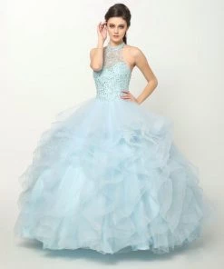 Ruffled High Neck Ball Gown By Juliet 1420