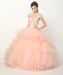 Ruffled High Neck Ball Gown By Juliet 1420