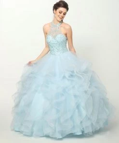 Ruffled High Neck Ball Gown By Juliet 1420