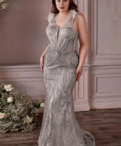 New Curve Feather Glitter Gown By Cinderella Divine CB087C