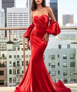 Curve Puff Sleeve Satin Gown By Cinderella Divine CD983C Prom
