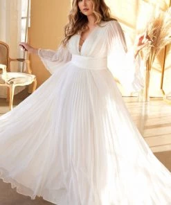 Curve White Pleated Bell Sleeve Gown By Cinderella Divine CD242WC