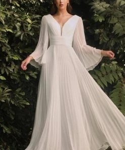Curve White Pleated Bell Sleeve Gown By Cinderella Divine CD242WC
