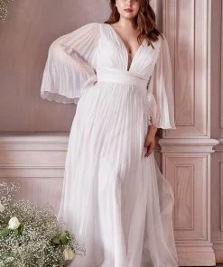 Curve White Pleated Bell Sleeve Gown By Cinderella Divine CD242WC