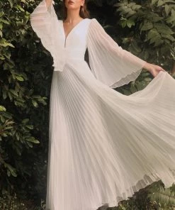 Curve White Pleated Bell Sleeve Gown By Cinderella Divine CD242WC