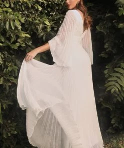 Curve White Pleated Bell Sleeve Gown By Cinderella Divine CD242WC