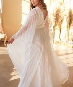 Curve White Pleated Bell Sleeve Gown By Cinderella Divine CD242WC