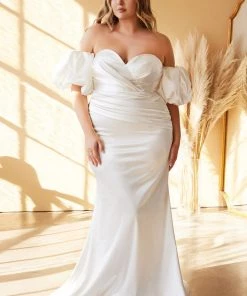 Curve White Puff Sleeve Gown By Cinderella Divine CD984WC 10 Curve White Puff Sleeve Gown By Cinderella Divine CD984WC