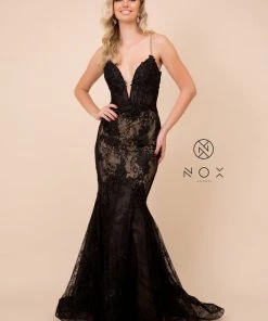 Deep V-Neck Lace Trumpet Dress By Nox Anabel C306