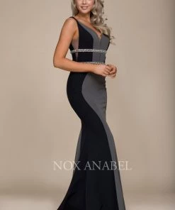 Jeweled V-Neck Mermaid Gown By Nox Anabel A076 Prom 18 Jeweled V-Neck Mermaid Gown By Nox Anabel A076 Prom