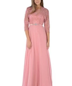 Dusty Rose Long Lace Bodice Dress With Bolero Jacket By Poly USA