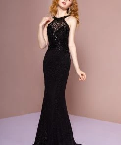 Embellished Halter Trumpet Dress With Train By Elizabeth K GL2695 Prom