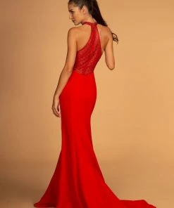 Embellished High Halter Jersey Trumpet Dress By Elizabeth K GL2640