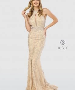 Prom Embellished High Halter Trumpet Dress By Nox Anabel T260