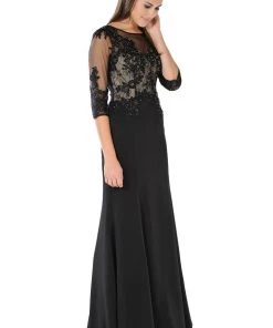 Embellished Long Black Dress With Sheer Sleeves By Poly USA