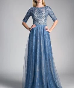 Long A-line Lace Dress With Sleeves By Cinderella Divine CR813