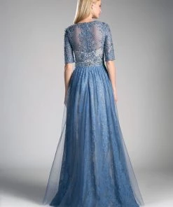 Long A-line Lace Dress With Sleeves By Cinderella Divine CR813