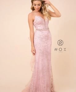 Embellished Long Fitted V-Neck Dress By Nox Anabel T314 Prom