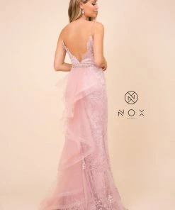 Embellished Long Fitted V-Neck Dress By Nox Anabel T314 Prom