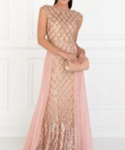 Prom Embellished Long Pink Cap Sleeve Dress By Elizabeth K GL1577