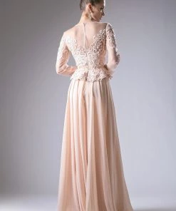 Long Sleeve Lace Bodice Gown By Cinderella Divine CR772