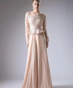 Long Sleeve Lace Bodice Gown By Cinderella Divine CR772