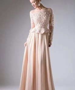 Long Sleeve Lace Bodice Gown By Cinderella Divine CR772