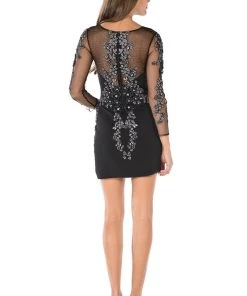 Prom Embellished Sheer Short Black Dress With Sleeves By Poly USA