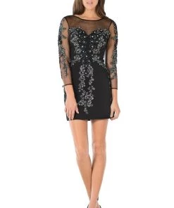 Prom Embellished Sheer Short Black Dress With Sleeves By Poly USA