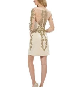 Prom Embellished Sheer Short Champagne Dress With Sleeves By Poly USA
