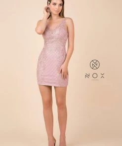 Embellished Short Sleeveless V-Neck Dress By Nox Anabel A673