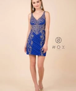Embellished Short Sleeveless V-Neck Dress By Nox Anabel A673