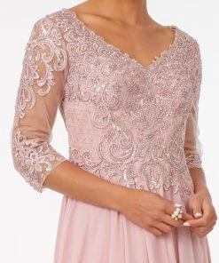 Embroidered 3/4 Sleeve Chiffon Gown By Elizabeth K GL2925