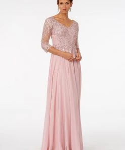 Embroidered 3/4 Sleeve Chiffon Gown By Elizabeth K GL2925