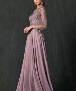 Embroidered 3/4 Sleeve Chiffon Gown By Juliet M11