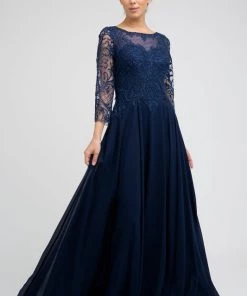 Embroidered 3/4 Sleeve Chiffon Gown By Juliet M11