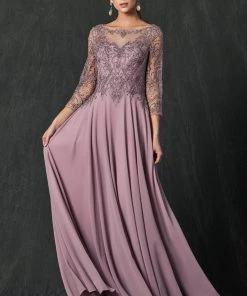 Embroidered 3/4 Sleeve Chiffon Gown By Juliet M11