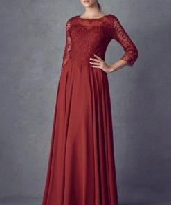 Embroidered 3/4 Sleeve Chiffon Gown By Juliet M11