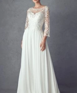 Embroidered 3/4 Sleeve White Gown By Juliet M11-W