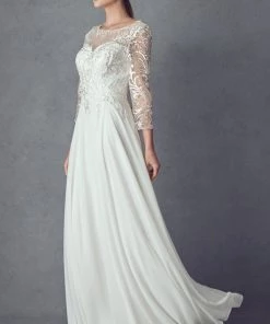 Embroidered 3/4 Sleeve White Gown By Juliet M11-W