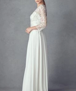 Embroidered 3/4 Sleeve White Gown By Juliet M11-W
