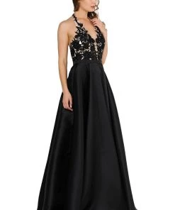 Prom Embroidered Applique Long V-Neck Halter Dress By Poly USA 8316