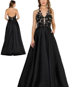 Prom Embroidered Applique Long V-Neck Halter Dress By Poly USA 8316