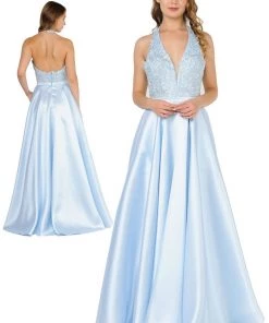 Prom Embroidered Applique Long V-Neck Halter Dress By Poly USA 8316
