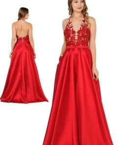 Prom Embroidered Applique Long V-Neck Halter Dress By Poly USA 8316