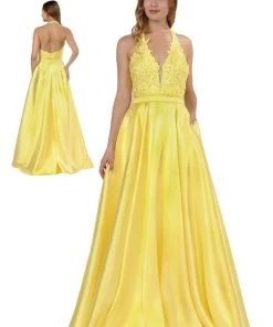 Prom Embroidered Applique Long V-Neck Halter Dress By Poly USA 8316