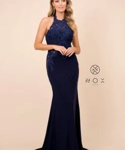 Embroidered Bodice Long High Halter Trumpet Dress By Nox Anabel A175