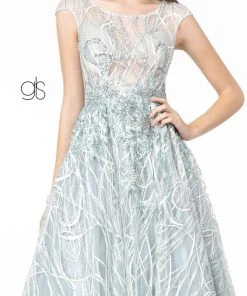 Embroidered Cap Sleeve Gown With Sheer Bodice By Elizabeth K GL2890