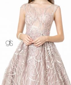 Embroidered Cap Sleeve Gown With Sheer Bodice By Elizabeth K GL2890