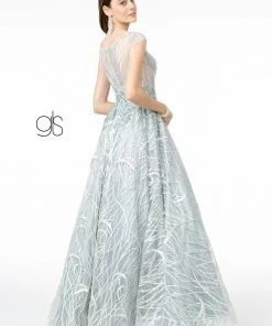 Embroidered Cap Sleeve Gown With Sheer Bodice By Elizabeth K GL2890